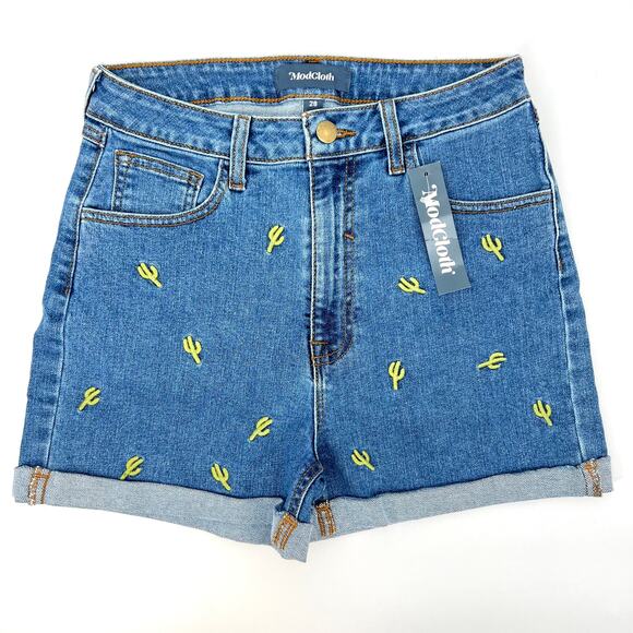 NEW Modcloth Cactus Embroidered Prickle My Fancy High Rise Jean ShortsWomen's 28 - Picture 2 of 5